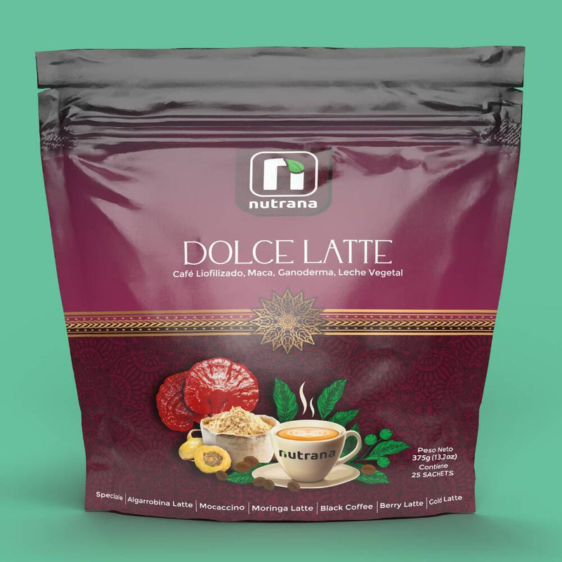 Dolce Latte Café, Maca, Ganoderma y Leche Vegetal Nutrana 375g (25 Sachets)