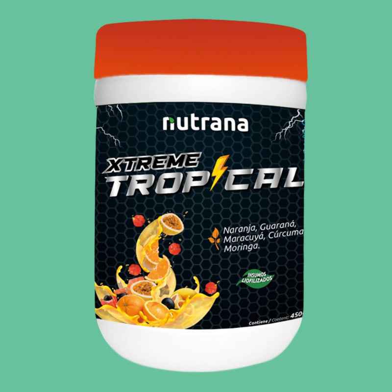 Bebida instantanea en polvo Tropical XTREME Naranja, Maca, Guaraná Nutrana Frasco 450g