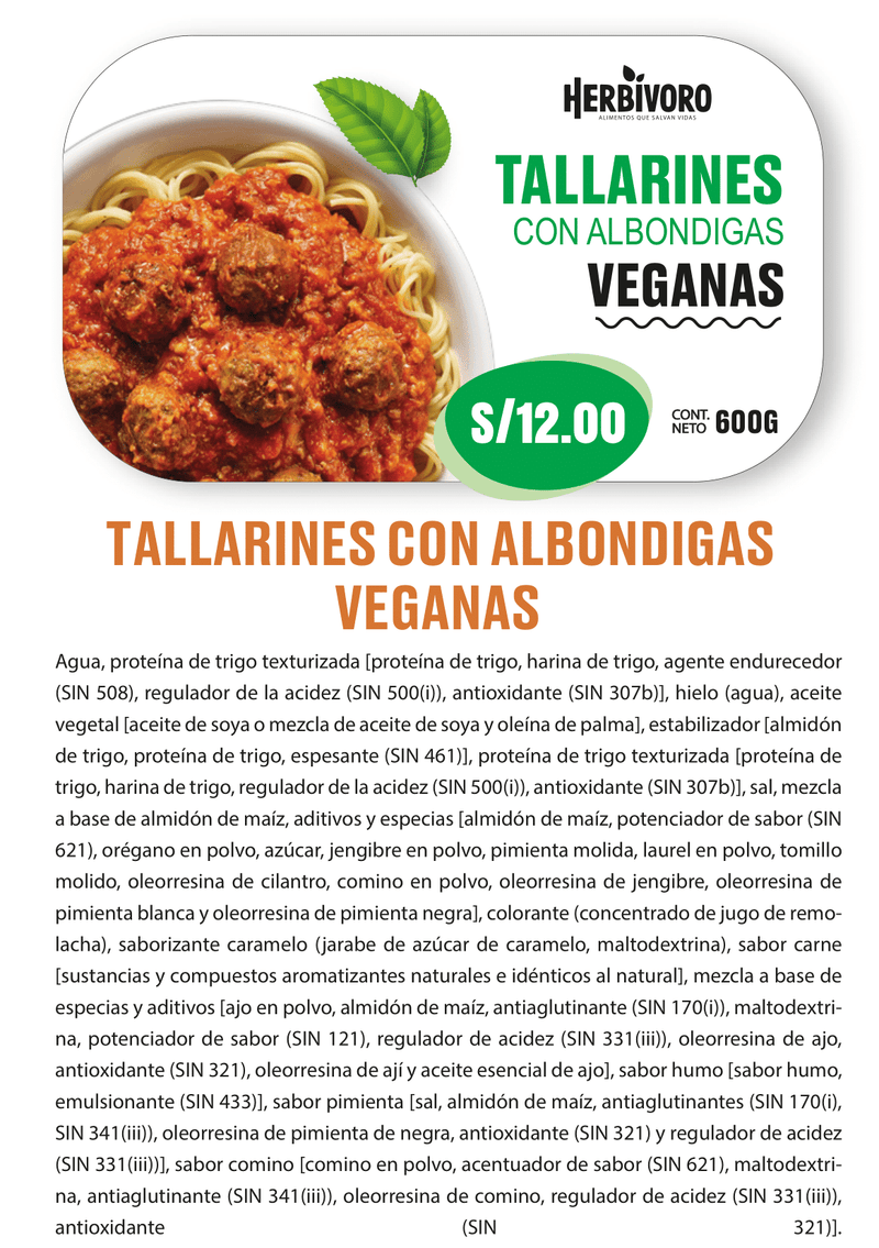 Tallarines con albondigas veganas Herbivoro 600g