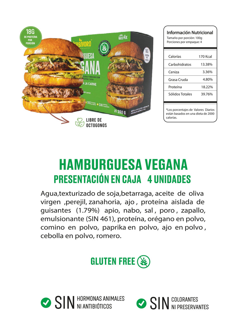 Hamburguesa vegana sabor carne congelada Herbivoro caja 4und(390g)