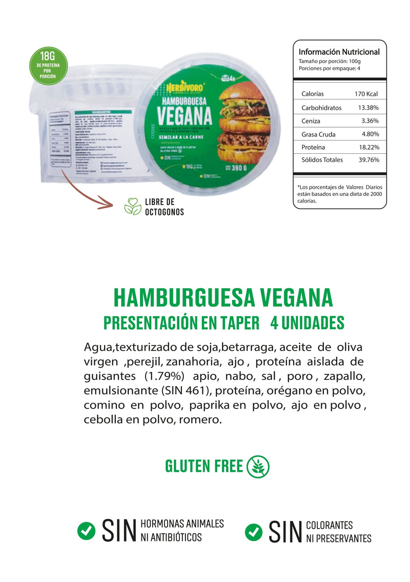 Hamburguesa vegana sabor carne congelada Herbivoro taper 4und (390g)