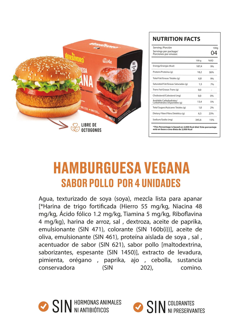 Hamburguesa vegana sabor pollo congelada Herbivoro caja 4und (400g)